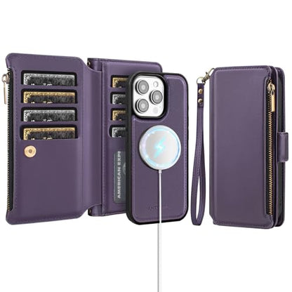 Antsturdy Compatible with MagSafe iPhone 13 Pro Wallet Case,Purple | Detachable Magnetic Credit Card Holder,RFID Blocking,PU Leather Zipper Purse,Wrist Strap Kickstand,Flip Phone Cover for Women - color: (Detachable with Magsafe)-Purple