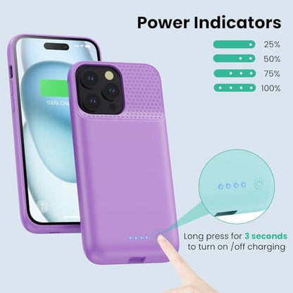 Battery Case for iPhone 15 Pro Max,Powerful 8600mah Ultra-Slim Protective Charging Case,15W Fast Charging Portable Rechargeable Expandable Battery Charger Cover for iPhone 15 Pro Max(6.7inch)-Purple - color: Purple