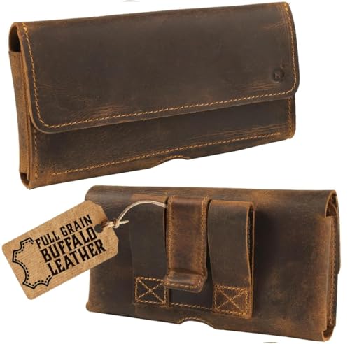Moonster Leather Phone Holster – Genuine Full-Grain Leather for iPhone 17/16/15/14 Pro Max & Plus, Galaxy S25/S24 Ultra – Slim Belt Clip Phone Pouch with Magnetic Closure, Fits Thick Cases – 7” x 3.5” - color: Brown Horizontal