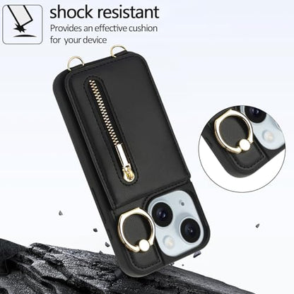 Crossbody Wallet Case for iPhone 11, with Card Slots Zipper Pocket Case, Flip Folio Purse RFID Blocking with Ring Kickstand Detachable Strap-Black - color: Black, size: iPhone 11(6.1")