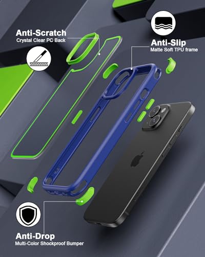 Mobnano Compatible with iPhone 15 Case, with Multicolor Protective Shockproof Bumpers, Crystal Clear Back Not Yellowing Anti-Scratch Hard PC Back & Soft Silicone TPU Frame Cover - Blue/Green - color: Blue/Green, size: iPhone 15