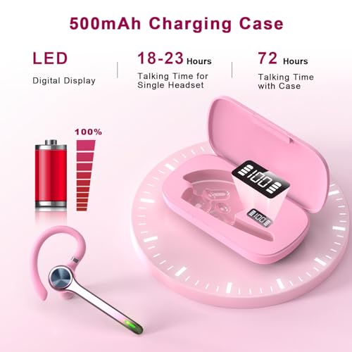 HEIBAS Bluetooth Headset, Wireless Earpiece with Mic for Work - color: Pure Pink