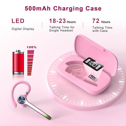 HEIBAS Bluetooth Headset, Wireless Earpiece with Mic for Work - color: Pure Pink