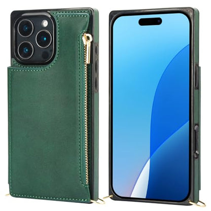 Bocasal Crossbody Wallet Case with Strap for iPhone 16 Pro Max, Green | RFID Blocking Card Slot Holder, Magnetic Flip Folio Purse Case, PU Leather Zipper Handbag Detachable Lanyard Strap 6.9 Inch - color: Green