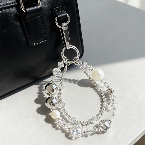 Luxury Pearl Phone Wrist Strap Crystal Diamond Beaded Keychain Wristlet for Phone Chain Wristlet Glitter Rhinestone Cellphone Lanyard Dual Chains Phone Strap Wrist Keychain Bag Charms for Handbags