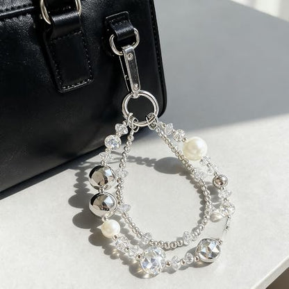 Luxury Pearl Phone Wrist Strap Crystal Diamond Beaded Keychain Wristlet for Phone Chain Wristlet Glitter Rhinestone Cellphone Lanyard Dual Chains Phone Strap Wrist Keychain Bag Charms for Handbags