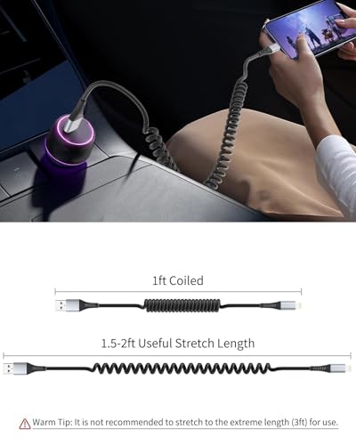 Coiled Lightning Cable for Car, 2 Pack 3FT Retractable iPhone Charger Cord - style: USB-A to Lightning