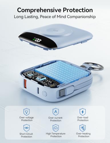 Portable Charger 10000mAh 22.5W Power Bank Built-in 2 Cables Keychain | Charge 5 Devices, TSA approved, Travel Fast Charging Battery Pack for iPhone Samsung Google Android & iWatch Charger, Blue - color: Blue