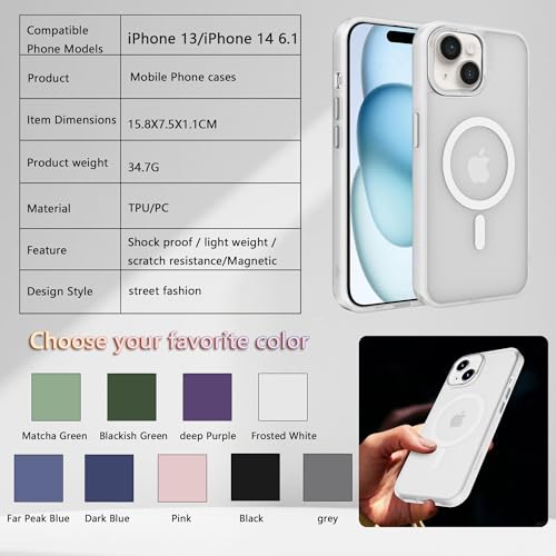 Magnetic iPhone 14/13 case,Compatible with Magsafe, Military-Grade Protection,Slim Translucent Matte Shockproof with Anti-Scratch Anti-Fingerprint Phone Cover (Frosted White, iPhone 14/13) - color: Frosted White, size: iPhone 14/13