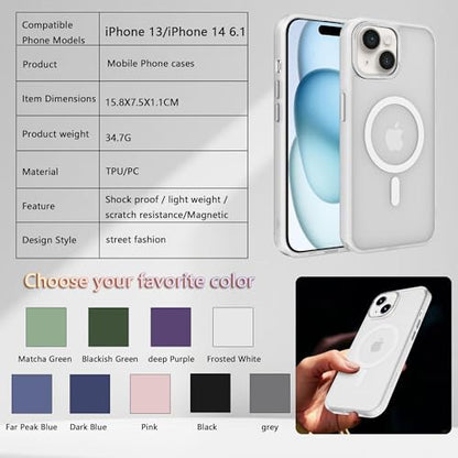 Magnetic iPhone 14/13 case,Compatible with Magsafe, Military-Grade Protection,Slim Translucent Matte Shockproof with Anti-Scratch Anti-Fingerprint Phone Cover (Frosted White, iPhone 14/13) - color: Frosted White, size: iPhone 14/13