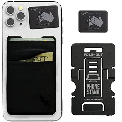 Double Pocket Gecko Phone Wallet - Adhesive Card Holder - Cell Phone Pouch - Stick on Spandex Pocket by Gecko - Carry Credit Cards and Cash – (BLACK-BLACK) - color: BLACK-BLACK