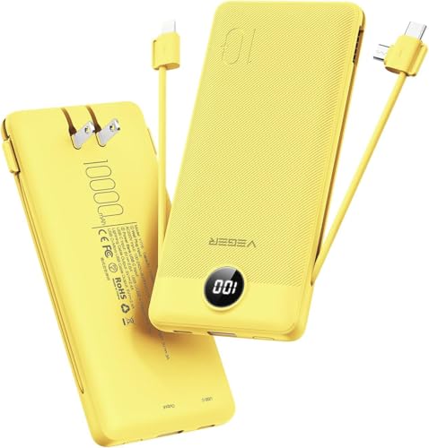 VEGER Portable Charger for iPhone, Power Bank Built in Cables and Wall Plug - color: Yellow