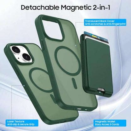 Magnetic for iPhone 13 mini/12 mini Wallet Case with Card Holder﻿ | Compatible with MagSafe, Shockproof Phone Cover with Detachable RFID Blocking Card Slot, Green - color: Green, size: iPhone 12 Mini/13 Mini