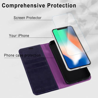 MONASAY Wallet Case for iPhone X/Xs with 3 Card Holders - Purple | Kickstand,RFID Blocking,6.6 feet of shock absorption,PU Leather,Strong Magnetic Closure,Fits 5.8 inch ONLY,screen Protector - color: Purple