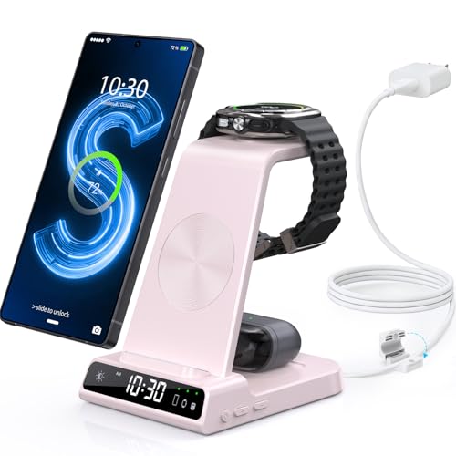 Wireless Charger for Samsung S25 with Clock 3 in 1 Android Charging Station - color: Pink