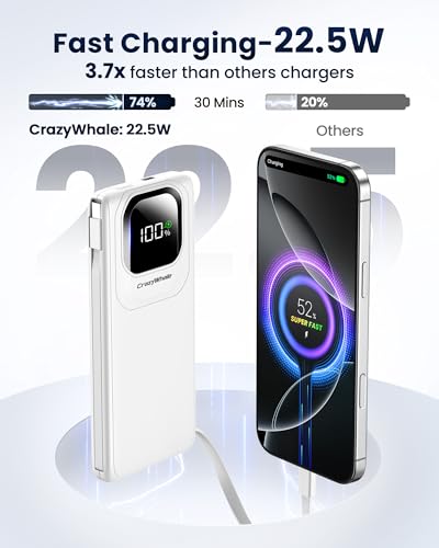 Portable Charger with Built-in Cables,22.5W Super Fast Charging Power Bank Slim Phone Charger,10000mAh Travel Battery Pack Battery Bank with Smart LED Display for iPhone, Android & USB-C - color: White