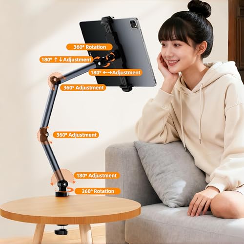 Aluminum Foldable Arm Tablet Stand, 360° Rotatable Phone Holder iPad Stand, Adjustable Tablet Mount for 4.7"-15.6" iPad, iPhone, Galaxy Tab, Compatible with Desk Bedside Kitchen, Gray