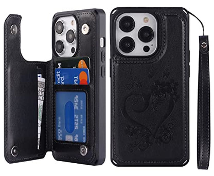 iCoverCase Compatible with iPhone 14 Pro Wallet Phone Case with Card Holder for Women, RFID Blocking Embossed PU Leather Wrist Strap Case 6.1 Inch (Heart Black) - color: H-Black