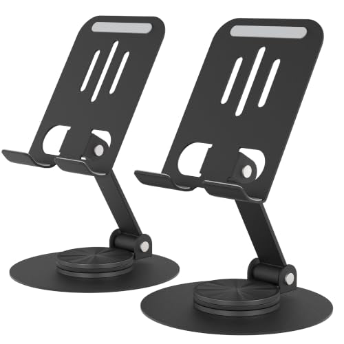 2 Pack Metal Cell Phone Stand for Desk, Multi-Angel Adjustable 360° Rotation Desktop Phone Holder and Foldable Mobile Phone Stand, Compatible with All Smartphones, Black&Black - color: (2 Pack) Black&Black
