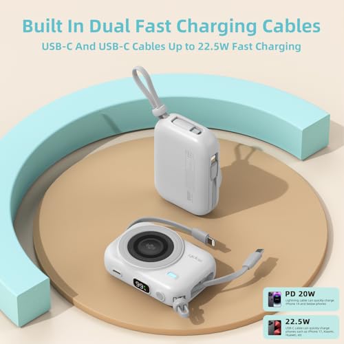10000mAh Magnetic Power Bank, 20W Fast Charging Wireless Portable Charger with Built-in Charging Compartment for iPhone & Android (White) - color: White