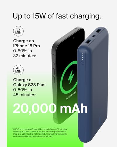 Belkin 20000mAh 15W 3 Port Power Bank, USB A to USB C Cable Included - color: Blue