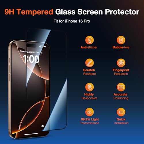 KUZOOM 2Pack HD Clarity Tempered Glass Screen Protector for iPhone 16 Pro - color: Transparent 16 Pro