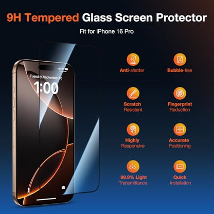 KUZOOM 2Pack HD Clarity Tempered Glass Screen Protector for iPhone 16 Pro - color: Transparent 16 Pro