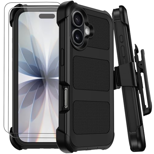 for iPhone 17 Case with Belt Clip Holster & Kickstand,Military Grade Anti-Drop Shockproof Heavy Duty Rugged Cover,w/2X Screen Protectors Tri-layer Defender Bumper Protective Cases for Apple 17 (Black) - color: Black