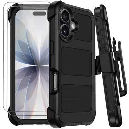 for iPhone 17 Case with Belt Clip Holster & Kickstand,Military Grade Anti-Drop Shockproof Heavy Duty Rugged Cover,w/2X Screen Protectors Tri-layer Defender Bumper Protective Cases for Apple 17 (Black) - color: Black