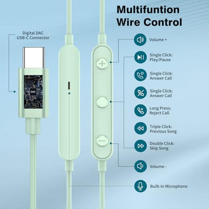 USB C Headphones for iPhone 18 Pro Max 17 16 15/Galaxy S26 FE Wired Earbuds - color: Mint-Green