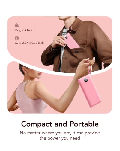 VRURC Portable Phone Charger, Built-in 4 Cables USB C Power Bank 10000mAh - color: Barbie Pink