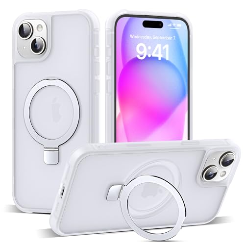 SKYLMW Compatible with iPhone 15 Case with Stand,Translucent | iPhone 15 Phone Case 6.1",Magnetic Ring Stand,Compatible with MagSafe,Military-Grade Protection,Great Grip Feeling - color: Translucent, size: Iphone 15