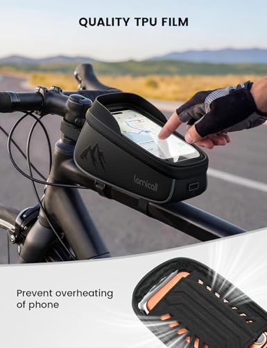 Lamicall Bike Frame Bag Waterproof - [1.6L Large Capacity] Bike Phone Bag | Bike Phone Holder Mount, Bicycle Front Bag, Cycling Pouch with Rain Cover, Bike Accessories for Phones Under 7"