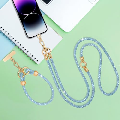 Crystal Phone Strap Crossbody and Wrist Lanyard, Anti Theft Layered & Wrist Strap Cell Phone Neck for Women - color: Blue a