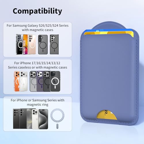 Magnetic Wallet for Samsung Galaxy S26 S25 S24 Series, Fold 8 Ultra with Magsafe Case, for iPhone 17-12 Series, RFID Blocking Leather Magnetic Card Holder | Holds 3 Cards | Purple - color: Purple