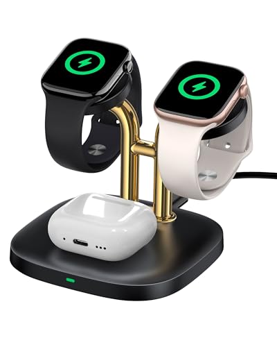 3 in 1 Dual Watch Wireless Charger Stand for Apple Watch Ultra 4/12,AirPods - color: Black & Gold