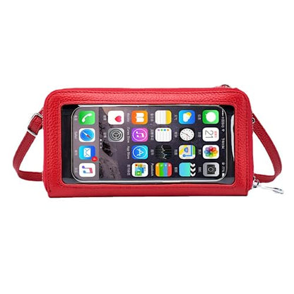 Cell Phone Purse for Women Touch Screen Crossbody Wallet Genuine Leather Mini Bag with Phone Holder Pocket - color: Red