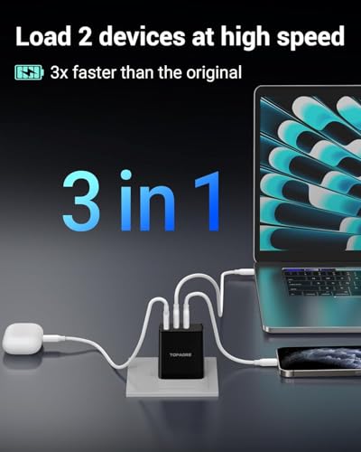 TOPADRE 65W USB C Charger Block,PD PPS 3 Ports GaN Charger Foldable Compact - color: Black, size: 65W, style: 1-pack