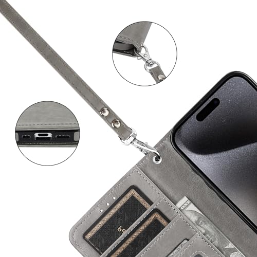 Bocasal Detachable Wallet Case Card Holder for iPhone 15 Pro, Grey | RFID Blocking Kickstand Card Slots Holder PU Leather Magnetic Shockproof Wrist Strap Removable Flip Protective Cover 6.1 inch - color: Gray