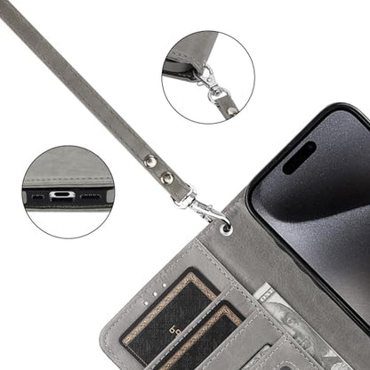 Bocasal Detachable Wallet Case Card Holder for iPhone 15 Pro, Grey | RFID Blocking Kickstand Card Slots Holder PU Leather Magnetic Shockproof Wrist Strap Removable Flip Protective Cover 6.1 inch - color: Gray