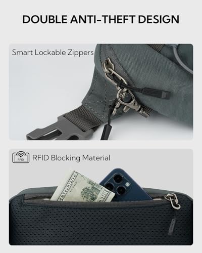WATERFLY Small Fanny Pack RFID Blocking Travel Hiking Crossbody Waist Bag | Anti-theft design, Water resistant, Lockable zipper, Hidden rear pocket, Lightweight hip belt bag, EDC Running, Cycling, Gym - color: Gray