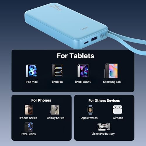 JUOVI 25W Portable Charger 10000mah Power Bank Built-in USB-C Cable - color: Blue