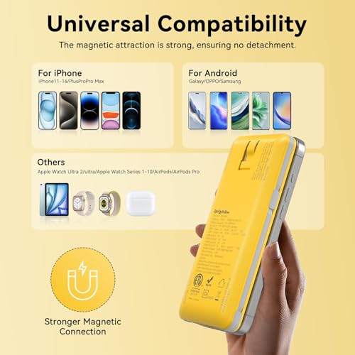 Magnetic 10000mAh Portable Charger for iWatch & iPhone, USB C Fast Charging Wireless Power Bank Built-in Cables and Wall Plug, External Travel Battery Pack Compatible with iOS Android Devices - color: Yellow