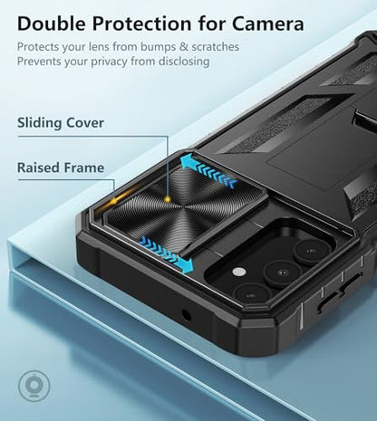 FNTCASE for Samsung Galaxy A14-5G Case with Slide Camera Cover & Holster | Built in Kickstand, Military Grade Dropproof Protection, Heavy Duty Rugged Phone case, Outdoor Protection - color: Black Matte