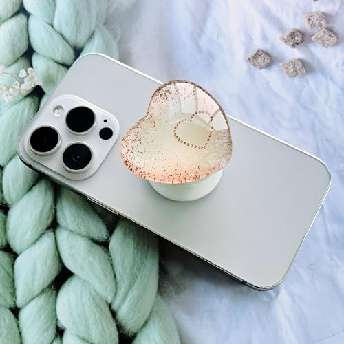 Expandiing Moblile Phone Grip Heart Glass Holder for Smartphones, Cell Phone Collapsible Stand（ Rose Gold Heart