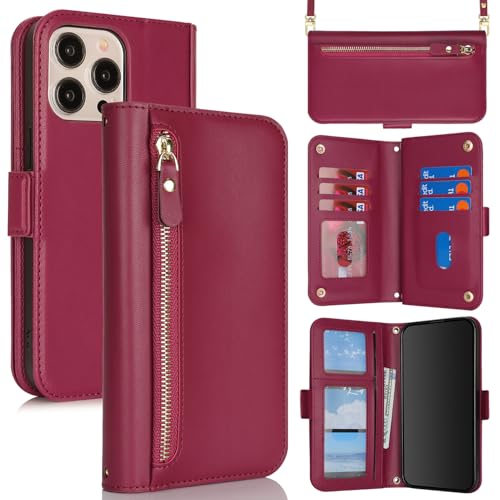 for iPhone 15 Pro Wallet Case for Women,for iPhone 15 Pro Case with Strap Crossbody Lanyard,PU Leather Shockproof Card Holder Stand Zipper Pocket Flip Phone Case-Dark red - color: Dark red