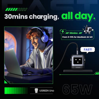 UGREEN Uno 65W 3-Port USB C Charger Adapter, GaN Fast Charging Block, Black - color: Black