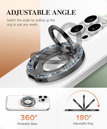 GVIEWIN Magnetic Phone Ring Holder, Compatible with MagSafe Phone Grip | Adjustable Stand, Magnet Phone Ring Kickstand, for iPhone 17/16/15/14/13/12 Pro Max Plus Air/Other Phones (Glitter/Black) - color: Glitter/Black