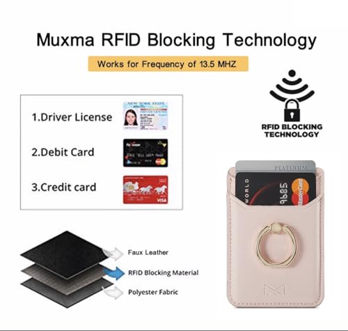 Card Holder Sleeve with Ring for Girl, RFID Credit Wallet PU Leather Stick On Back Grip for iPhone Samsung Smartphone - Pink - color: Pink
