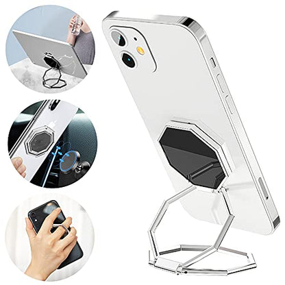 Cellphone Ring Holder Finger Kickstand, Foldable 360° Rotation Cell Phone Stand for Desk, Magnetic Car Mount, Metal Multi-Angle for Phone Back Grip Compatible with iPhone, iPad (Silver) - color: Silver